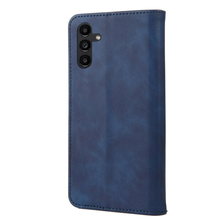 Blue splicing leather phone case for Samsung Galaxy A05s, featuring a wallet design with card slot and stand functionality.